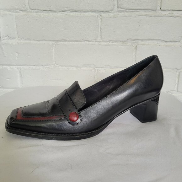 Vintage La Diva Black Square Toed Loafers with Burgundy Trim Size 7.5 B - Picture 2 of 10
